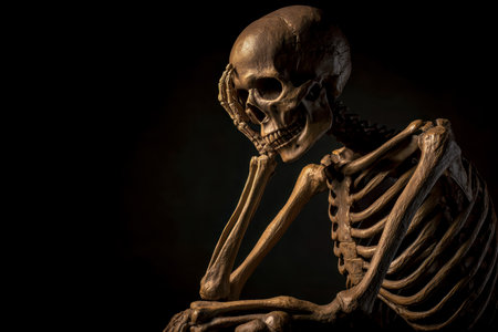 A skeletal figure sits with a hand on its chin, deep in reflection, set against a moody, shadowy backdrop that evokes introspection and mystery.の写真素材