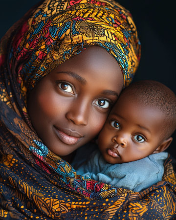 A woman in vibrant traditional attire cradles her infant, highlighting cultural heritage and a tender family connection in a warm, inviting setting.のeditorial素材