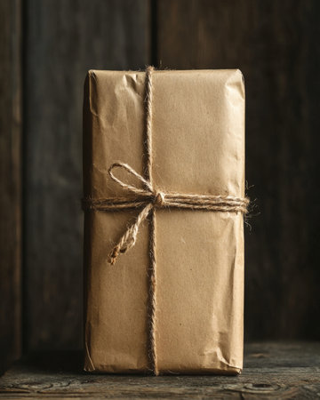 A beautifully crafted gift, wrapped in plain paper and topped with a rustic twine bow, rests on aged...