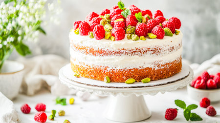 A vibrant, multi-layered cake featuring bright raspberry filling and creamy pistachio frosting, crowned with fresh berries for an elegant, tempting deの写真素材