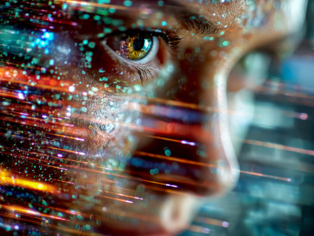 A high-tech eye featuring glowing digital patterns and vivid color reflections, embodying advanced...
