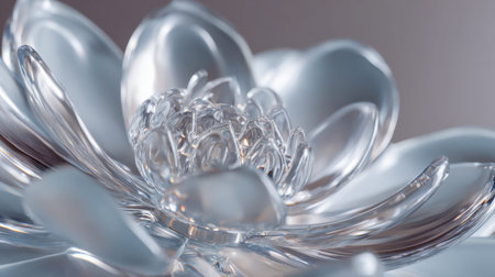 A finely crafted glass blossom with silky petal contours, shimmering reflections, and a intricately...