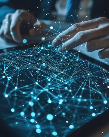 A sleek, glowing web of interconnected nodes and lines dissolves into a dark background, embodying...