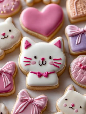 A charming assortment of sweet treats adorned with feline motifs, pink ribbons, and heart accents, all crafted in gentle pastel hues perfect for joyful events.の写真素材