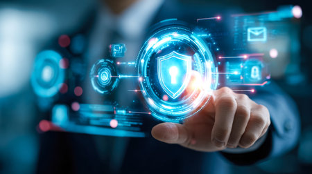 A sleek high-tech workspace featuring a holographic encryption display and a protective shield...