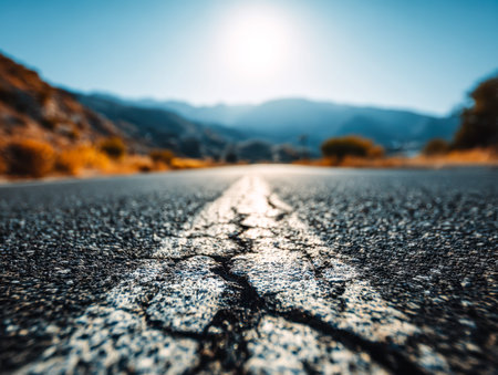 Textured surface of weathered asphalt amid majestic mountain scenery, highlighting natural fractures...