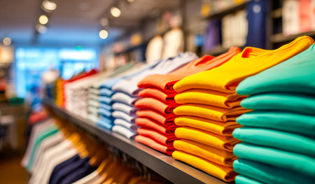 Vibrant stacks of neatly folded t-shirts showcase a lively variety of hues, arranged methodically...
