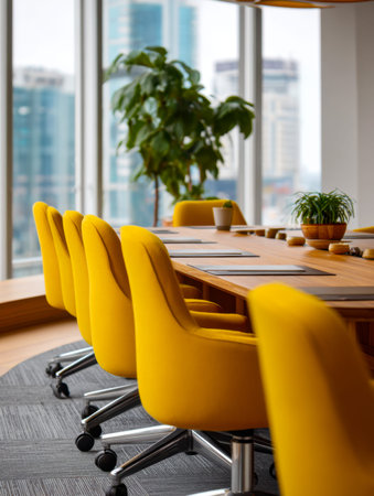A sleek corporate space featuring vibrant yellow seating and expansive glass walls that reveal a...