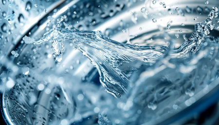 Close-up of water splashes in washing machine drum on white background for laundry concept