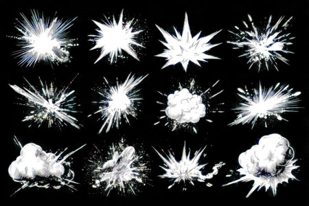 Vibrant white comic-style burst shapes and impact visuals with energetic smoke clouds, delivering...
