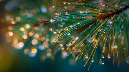 Morning sunlight filters through tall pines, casting a warm glow on shimmering dewdrops nestled...