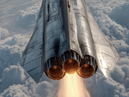 Bright, metallic shuttle thrusters blast fiery exhausted into the sky, contrasting sharply with...