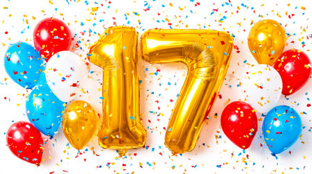 Brightly colored confetti surrounds shimmering gold numeral balloons, creating a festive and joyful...