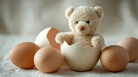A charming tiny teddy nestles inside a shattered eggshell, encircled by brown eggs, all resting on...