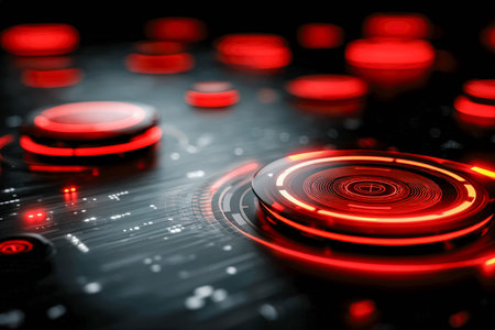 A sleek, high-tech control panel featuring vibrant red illuminated buttons and digital displays,...