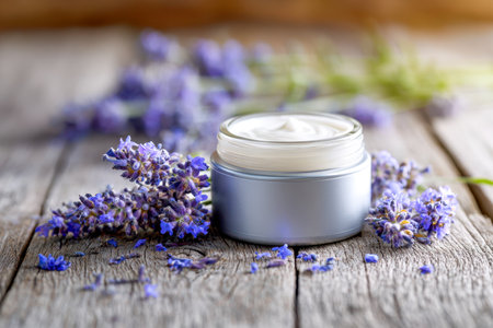 A soothing lavender-infused cream in a jar rests amidst vibrant purple blooms, evoking tranquility and eco-friendly self-care on a textured wooden surface.の写真素材
