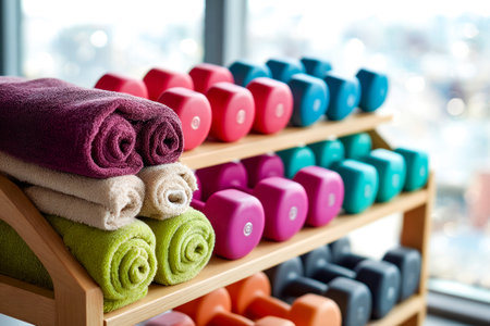 Brightly colored workout gear and neatly folded towels rest on rustic wooden racks, illuminated by...