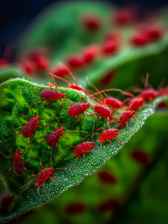 Tiny scarlet insects cluster on vibrant foliage, glistening with dew as a soft-focus backdrop enhances the intricate details of their delicate forms.の写真素材