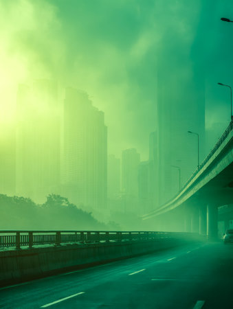 A busy city freeway cloaked in a hazy green atmosphere, with towering skyscrapers looming behind, creating a moody, futuristic urban scene.のeditorial素材
