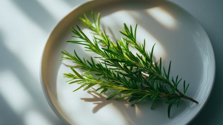 A vibrant rosemary branch lies gently on a pristine white ceramic plate, bathed in gentle sunlight...