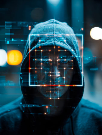 A high-tech scene capturing a concealed individual in a hoodie as digital scanning overlays their...