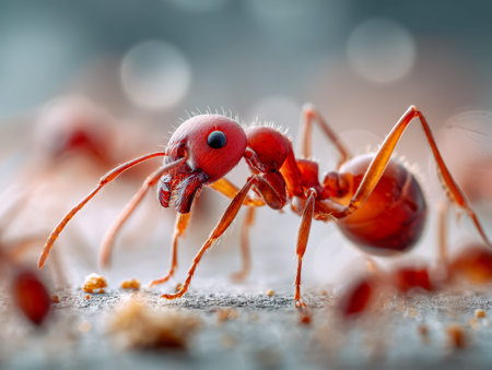 Two crimson insects engage in a delicate exchange amid lush greenery, their textured exoskeletons...