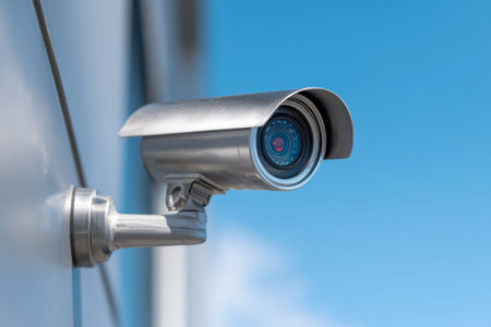 A sleek, contemporary security device is installed on a building's fa?ade, diligently crisp...