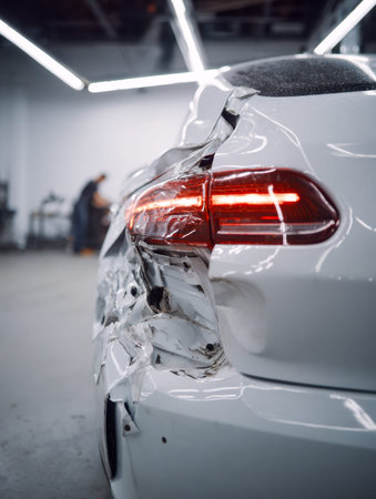 A detailed view reveals a white vehicle's crumpled rear panel, illuminated by sleek, bright overhead...