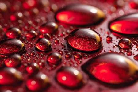 A macro shot capturing glossy crimson beads of fluid, reflecting light with a metallic sheen,...