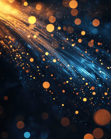 Dynamic streaks of luminescent blue and orange swirl across a dark backdrop, creating a vibrant,...