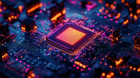 A detailed view of a central processing unit embedded in a sleek circuit network, bathed in luminous...