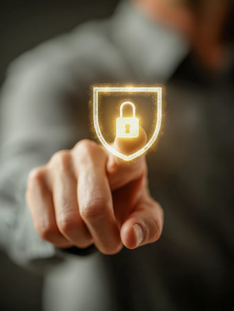 A confident man gestures toward a luminous golden emblem featuring a padlock, emphasizing online...