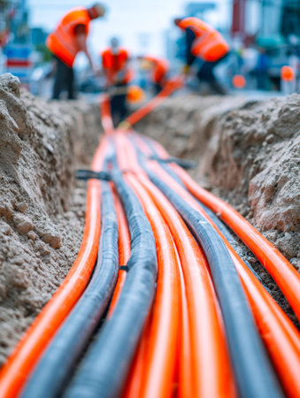 Workers carefully lay submerged cables beneath the earth's surface, coordinating amid construction...