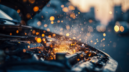 As twilight fades, vibrant sparks erupt from a vehicle's engine, capturing intense repair moments...
