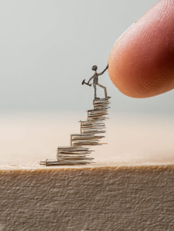 A minimalist sketch of a small figure ascending a staircase of layered lines, guided slowly by a...