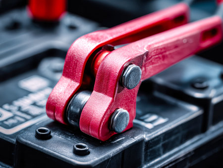 A vibrant red clamp grips tightly onto a car's battery post, highlighting the connection point in a...