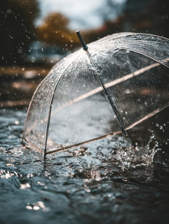 A clear umbrella shields delicate droplets as sunlight filters through, creating a whimsical...