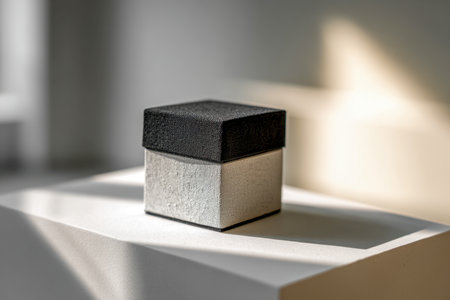 An understated black and white textured box rests gracefully on a pristine white surface, illuminated by gentle natural light that casts sophisticated shadows and subtleの写真素材