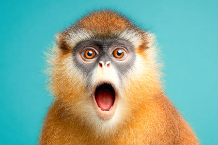 A lively brown primate exhibits shock, mouth agape and eyes shining with excitement, set against a...