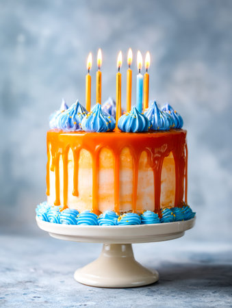 A vibrant, multi-colored cake topped with glowing candles and adorned with blue accents, displayed...