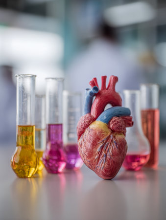 A detailed human heart replica surrounded by vibrant chemical liquids in laboratory glassware, symbolizing innovative cardiovascular research and scientific exploration.の写真素材