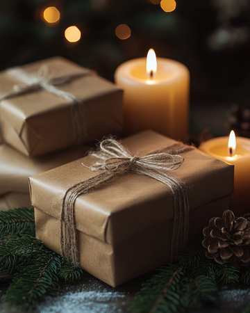 Elegant parcels adorned with festive ribbons, surrounded by glowing candles and rustic pinecones, creating a warm, inviting holiday ambiance.の写真素材