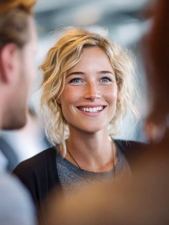 A cheerful blonde with striking blue eyes shares a smile amid a vibrant, contemporary genuine gathering, radiating warmth and engaging effortlessly in the lively chat.のeditorial素材