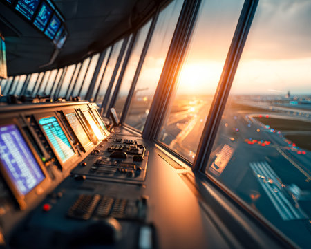 A sleek, contemporary control tower overlooking bustling runways, illuminated by fading sunlight and...