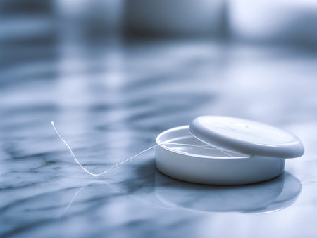 A sleek white spool of dental thread rests open on a polished marble surface, with a portion gently...