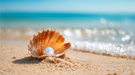 A shimmering pearl rests within a delicate seashell, set against soft sands and the tranquil ocean...