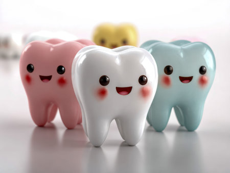 Trio of vibrant, cheerful cartoon teeth with big smiles and rosy cheeks pose happily in a spotless,...