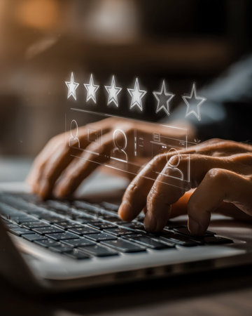 An individual focuses on a laptop keyboard while vibrant review symbols and star rankings drift...