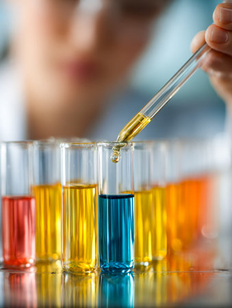 A scientist examines vibrant liquid hues in test tubes, immersed in a modern lab environment,...