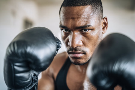 A determined male athlete concentrates deeply, muscles tense, as he prepares to engage, his fists clad in protective gloves, embodying strength and resilience.のeditorial素材